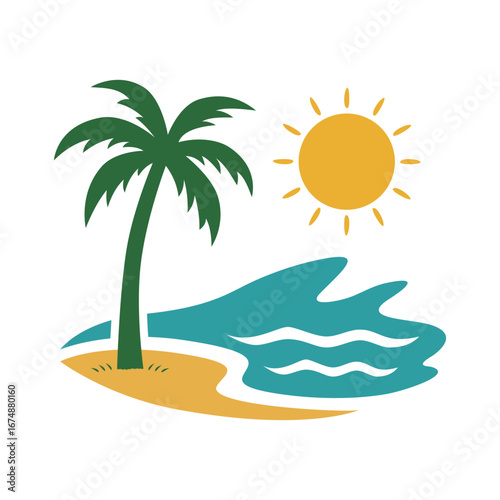 Tropical Beach with Palm Tree, Sun, and Ocean Waves Vector Illustration