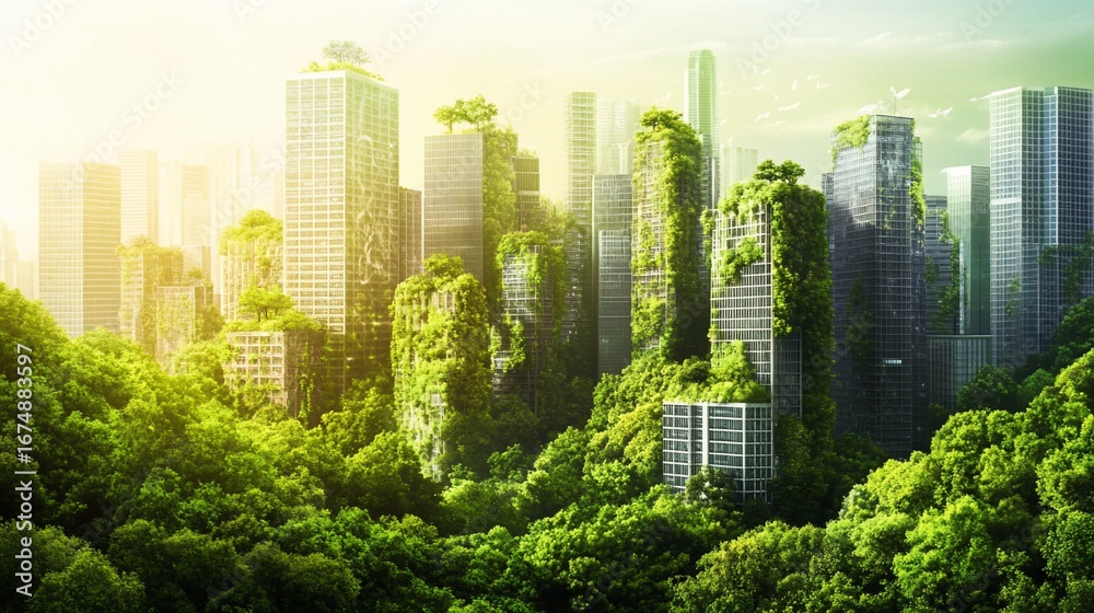 Obraz premium Green Metropolis, Harmonious Fusion of Nature and Urban Landscape