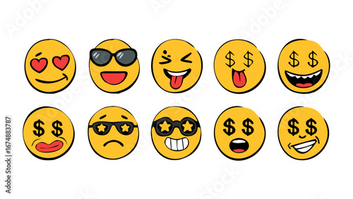 Yellow faces with various expressions emoji happy