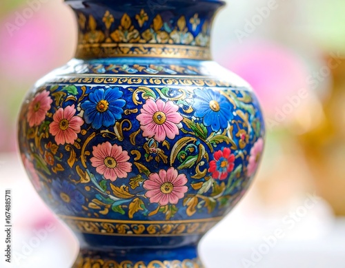 Ornate blue vase with floral designs
