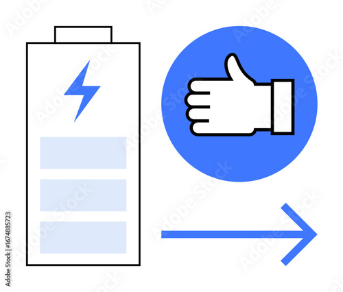 Charged battery, thumb-up icon in blue circle, and arrow pointing right suggest energy, approval, and movement. Ideal for energy, success, efficiency, positivity motivation progress simple landing