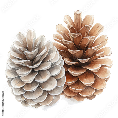 Pinecones, watercolor vector, isolated on a white background.