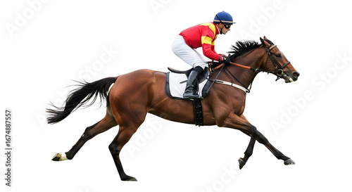 Energetic racehorse and jockey galloping at full speed, a showcase of strength and synergy against a clean background capturing athleticism