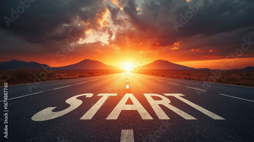 New Beginnings: A Road Leading to a Bright Sunset with the Word 