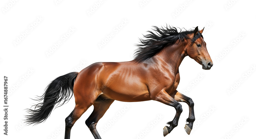 Obraz premium Majestic brown horse galloping gracefully, showcasing power and agility against a bright background, emphasizing its beauty and dynamic motion,