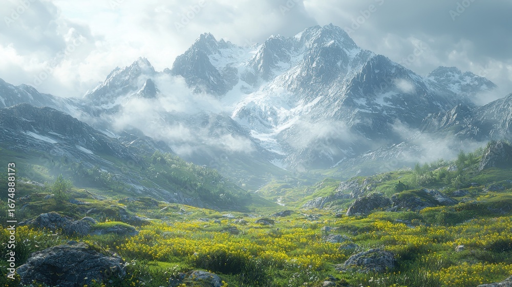 Fototapeta premium Misty Mountain Landscape with Yellow Wildflowers and Snow-Capped Peaks