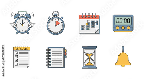 Collection of time management icons including alarm clock and calendar items