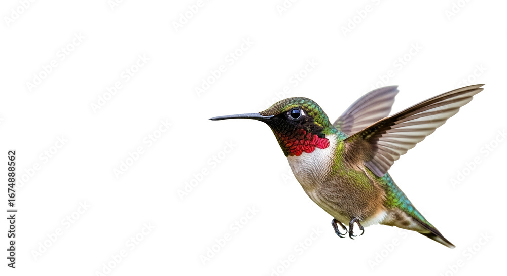 Obraz premium Brilliant iridescent hummingbird with outstretched wings, displaying unique plumage and color, on a stark white setting, ideal for graphic overlay