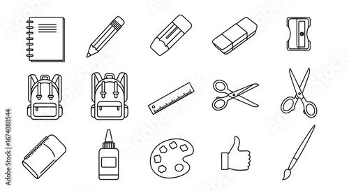Illustration of various school supplies including backpacks and art materials items
