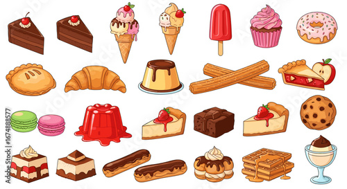 A collection of various desserts including cakes ice cream and pastries shown here