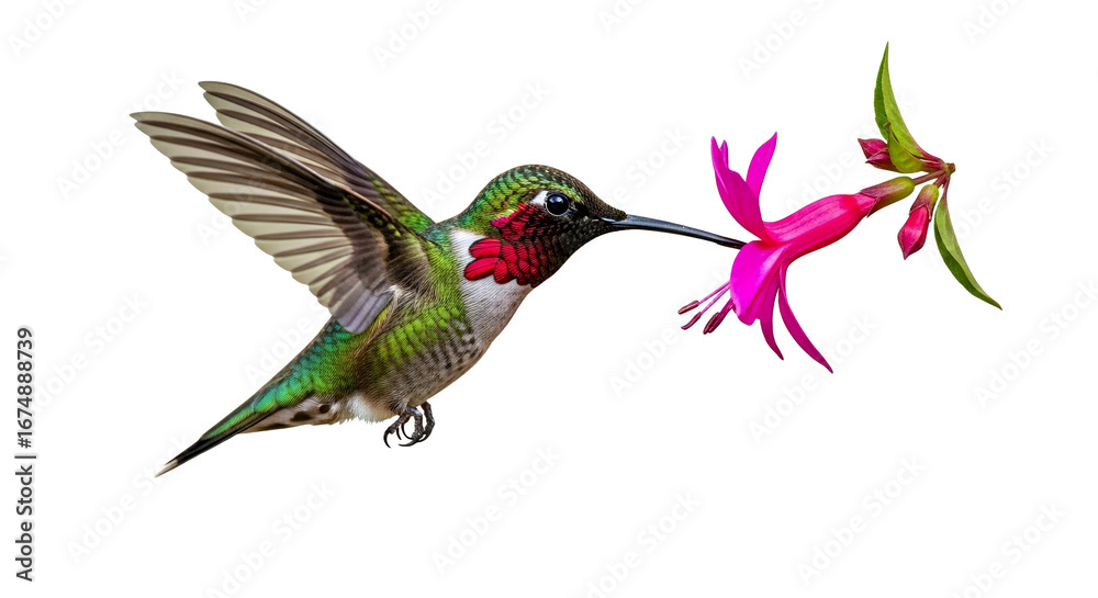 Obraz premium Hummingbird marvel with fuchsia flower showcasing hovering, delicate wings and vibrant coloration, reflecting nature's artistry and aerial agility