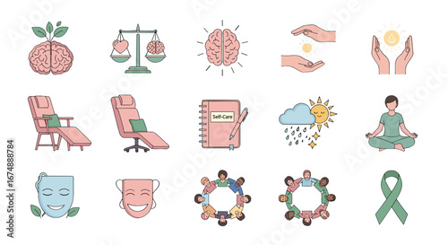 Illustration depicting mental health and wellness with various symbolic elements