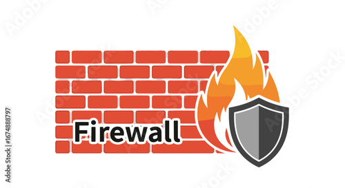 A brick wall with the word firewall and a shield with flames behind it icon