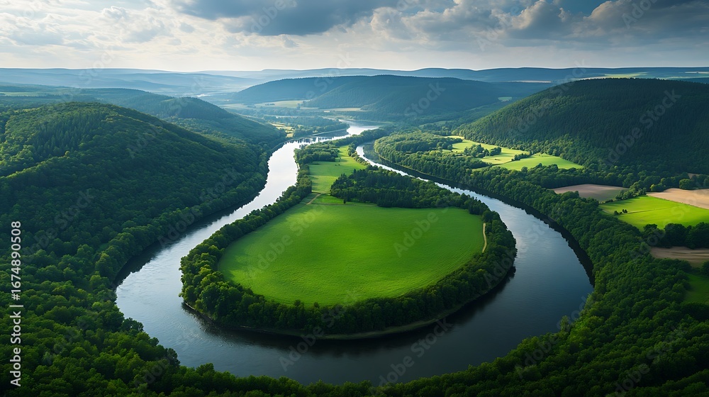 Fototapeta premium Aerial View of River Meander, Lush Green Forests and Fields, Cloudy Sky, Nature