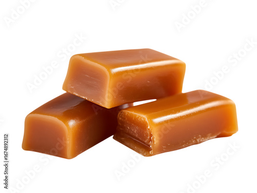 Three caramel candies are stacked on a transparent background isolated on transparent background.