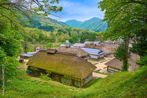 新緑の福島県南会津郡下郷町 茅葺屋根の大内宿(おおうちじゅく)の風景