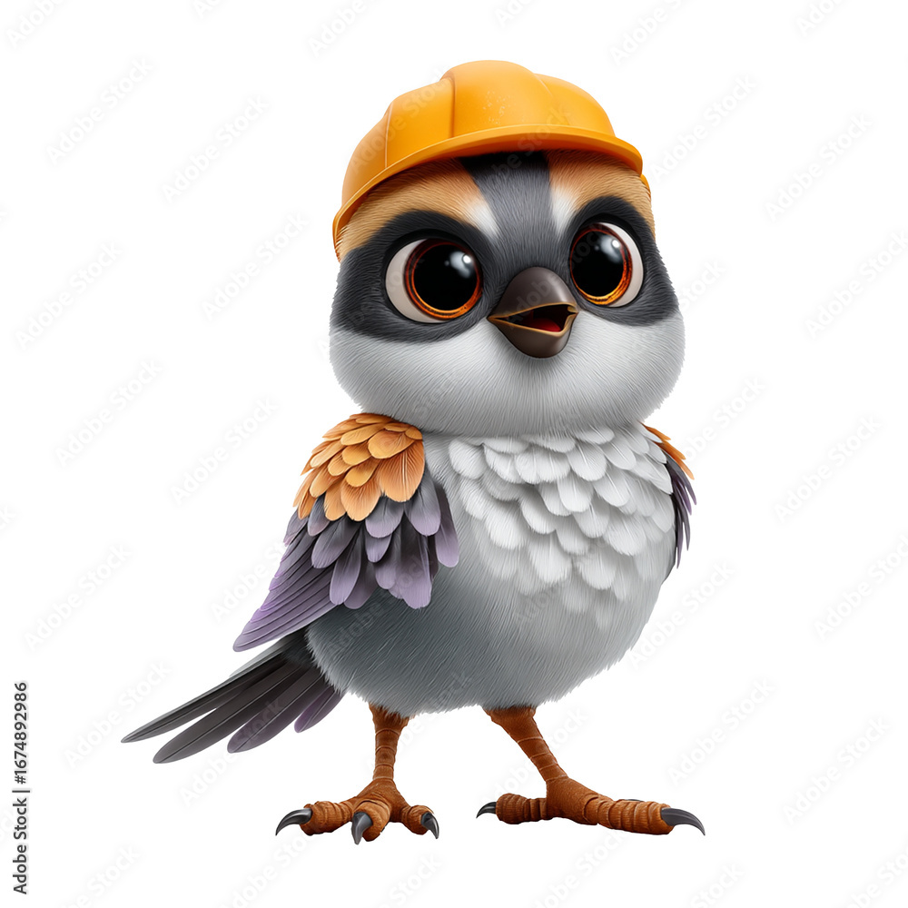 Fototapeta premium Adorable cartoon bird wearing an orange hard hat, ready for construction or safety projects