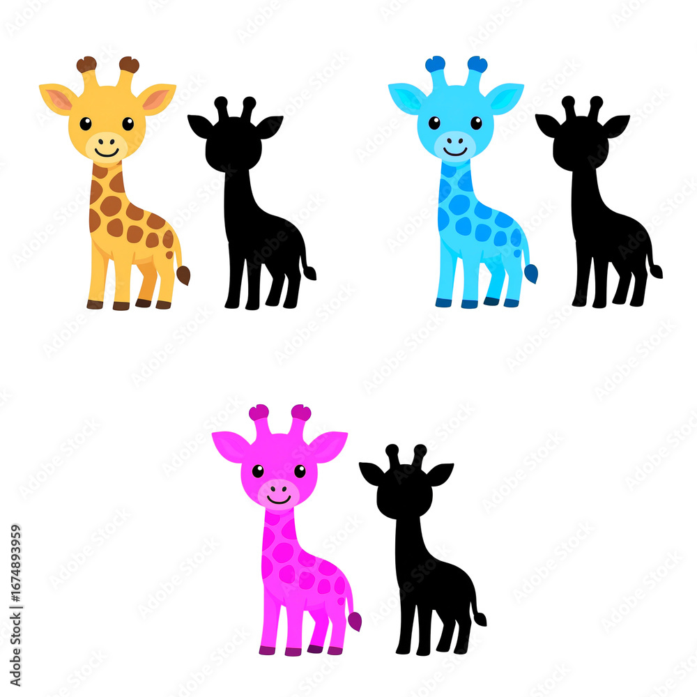 Obraz premium Giraffe set of animals Colorful Cartoon with Black Silhouette
