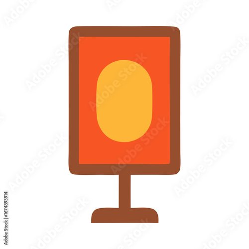 Street advertisement showcases vibrant orange and yellow oval design on stylish stand. Suitable for promoting events, sales, or products creatively.