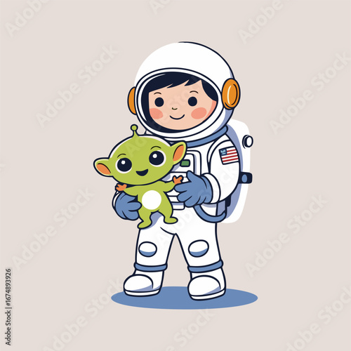 A cute astronaut with sparkling eyes, gently holding a fluffy baby alien with pastel colors, surrounded by floating hearts and cheerful stars in a dreamy space scene.
