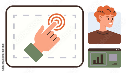 Hand selecting target button, profile window, and data dashboard interface highlighting interactivity, data analytics, and user-focused systems. Ideal for UX, user onboarding, education, analytics