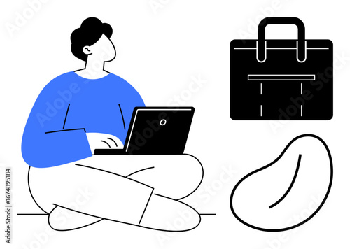 Man sitting cross-legged with a laptop, black bag, and bean bag highlighting work flexibility. Ideal for remote work, productivity, technology, lifestyle, creativity, modern workspace simple flat