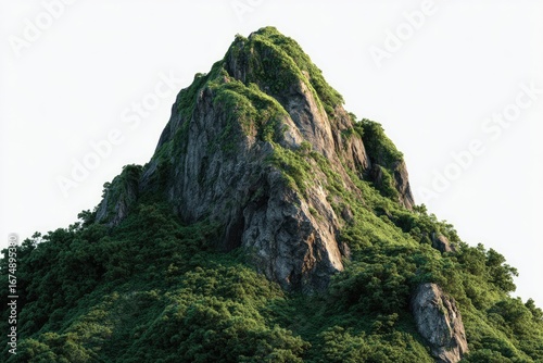 Close-up view of a mountain peak, covered in lush green vegetation, with rocky outcrops