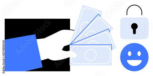 Hand holding bills, lock, and happy face illustrating secure financial transactions, trust, savings, and cash flow. Ideal for finance, banking, business solutions security payment apps