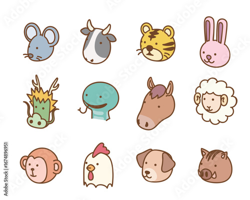 かわいい十二支アニマルアイコンセット斜め