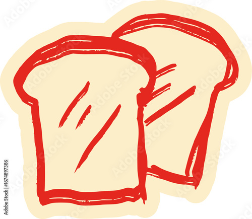 Hand drawn toast sticker with a retro aesthetic. Vintage doodle illustration of sliced bread with jam, an isolated icon for breakfast or bakery themes.