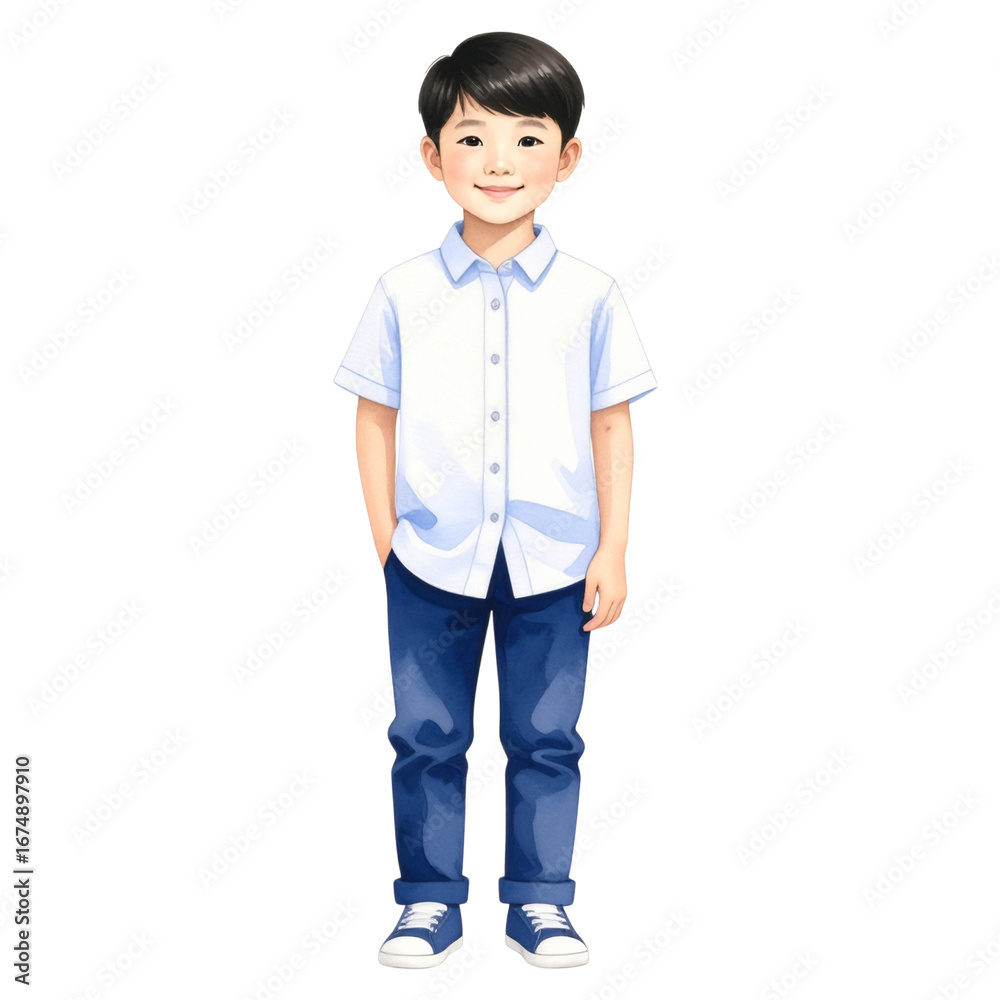 Fototapeta premium Watercolor Illustration of a Smiling Boy in Casual Outfit Full Body.