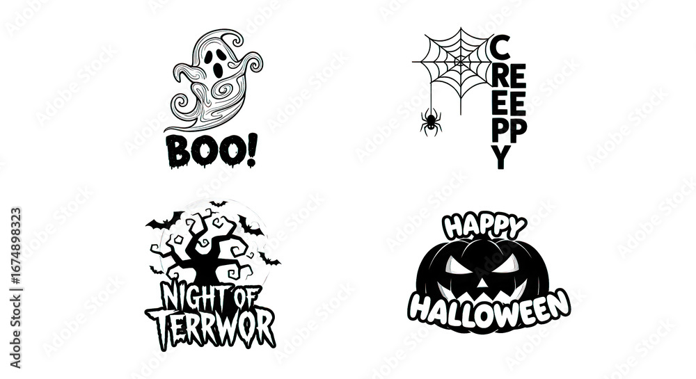 Fototapeta premium Halloween-themed vector graphics, black spooky icons on a dark background