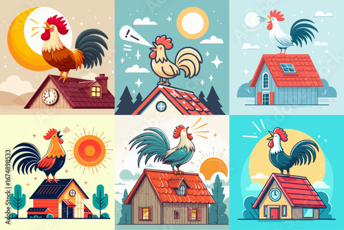 vector illustration set of crowing roosters