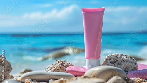 Pink sunscreen tube on beach rocks, ocean background, summer vacation