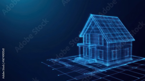 Digital blueprint of a two story house on dark blue background