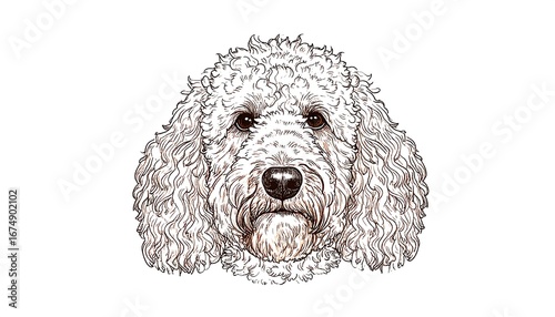 Close-up drawing of a fluffy white dog's head