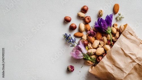 Nuts, flowers, paper bag, white background, healthy snack