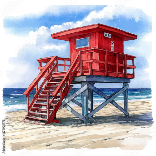 Lifeguard Tower Beach View, watercolor painting vector, isolated on a white background.