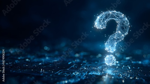 Futuristic glowing digital question mark made of network connections on dark background, abstract concept of curiosity, artificial intelligence, and problem solving