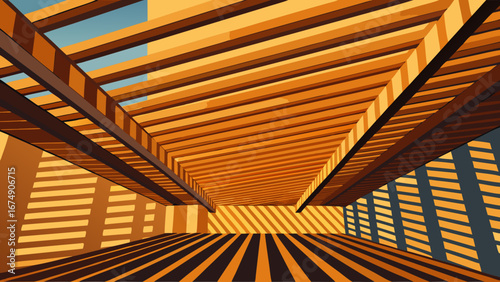 Abstract architectural background with wooden slats or a pergola casting strong striped shadows. A stylized vector graphic showcasing geometric patterns, light, and depth for modern