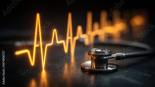 Stethoscope and Electrocardiogram Illustration on Dark Surface