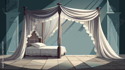 Elegant illustration of a luxurious four-poster bed with flowing white drapes in a stylized bedroom. Features soft lighting and a classic, serene atmosphere.