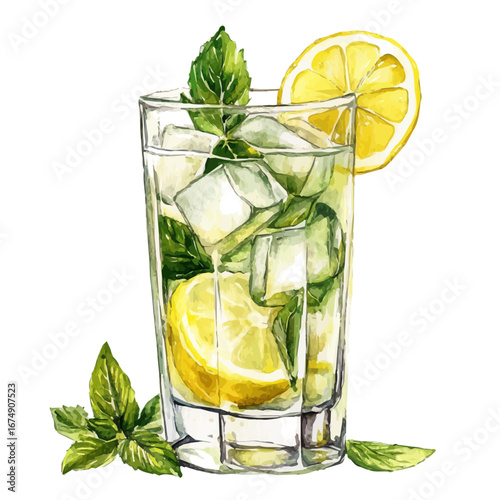 watercolor vector of Lemonade Glass Summer Refreshment, isolated on a white background.
