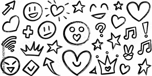 Collection of hand drawn black and white doodle icons including smiley faces hearts stars music notes and more