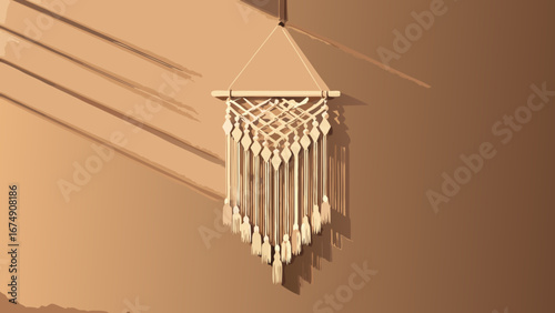 Stylish illustration of a bohemian macrame wall hanging with tassels, casting long shadows on a warm-toned wall. Represents craft, decor, and minimalism.