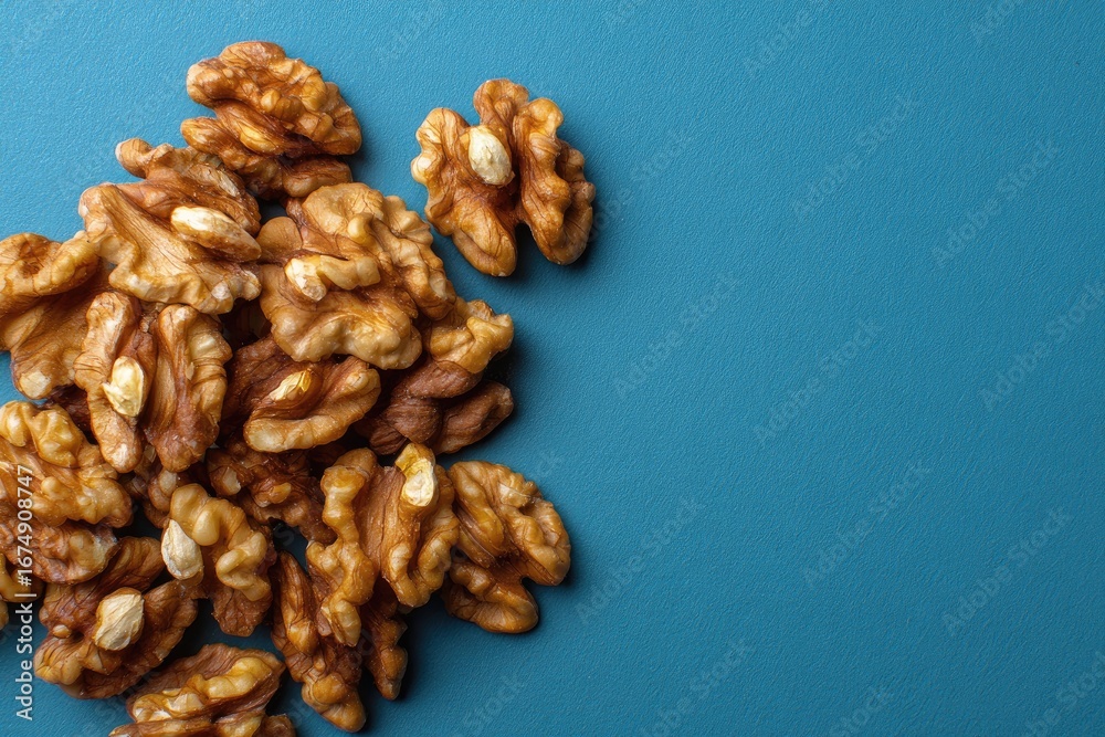 Obraz premium Shelled walnuts clustered on a teal background