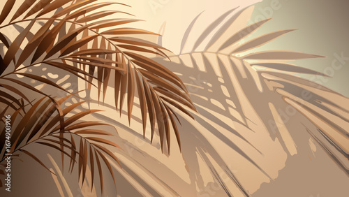 Warm-toned illustration of palm leaves and their deep shadows cast on a wall, evoking a tropical, relaxing, and sun-drenched atmosphere. Perfect for vacation themes.