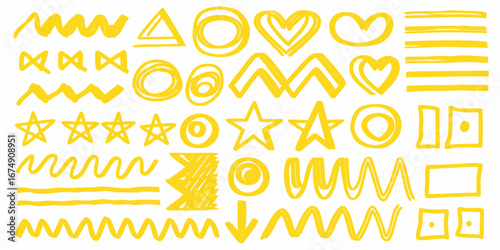 Collection of hand drawn yellow geometric shapes and scribbles on a white background