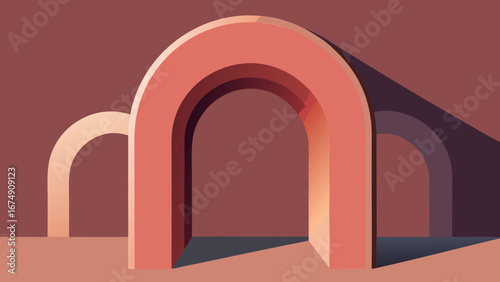 Minimalist illustration of three geometric archways in a warm, earthy color palette, with strong shadows adding depth and a modern architectural feel.