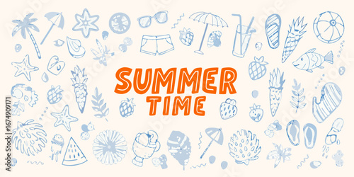 Summer time hand drawn icons and illustrations featuring beach and tropical elements